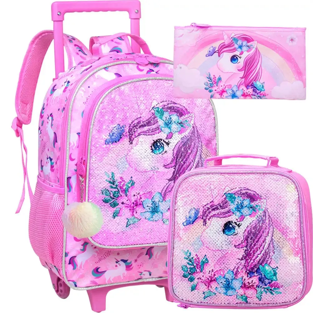 3 Piece Girls Rolling Backpack Set Butterfly Design