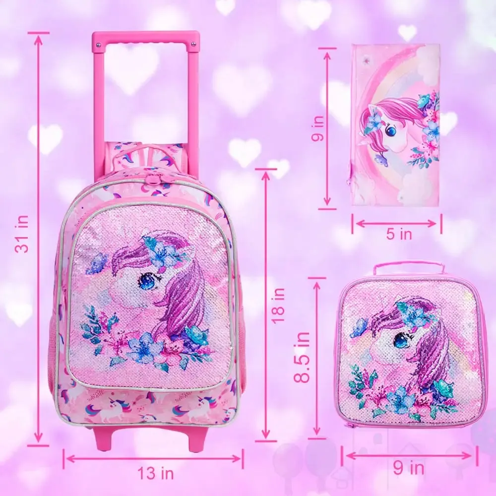 3 Piece Girls Rolling Backpack Set Butterfly Design