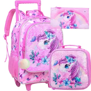 3 Piece Girls Rolling Backpack Set Butterfly Design