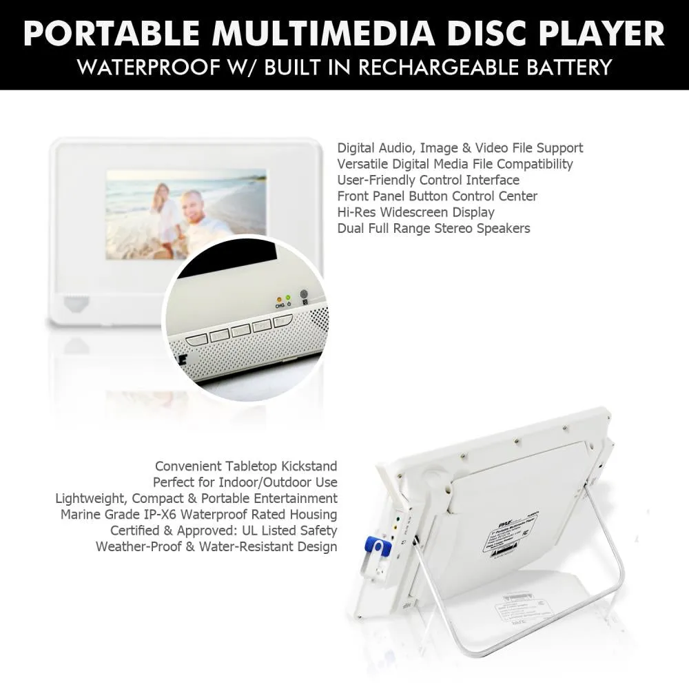 7'' Waterproof Rated Portable Cd/Dvd Player, Built-In Rechargeable Battery, Usb/Sd Readers