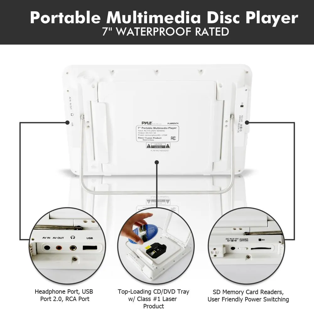 7'' Waterproof Rated Portable Cd/Dvd Player, Built-In Rechargeable Battery, Usb/Sd Readers