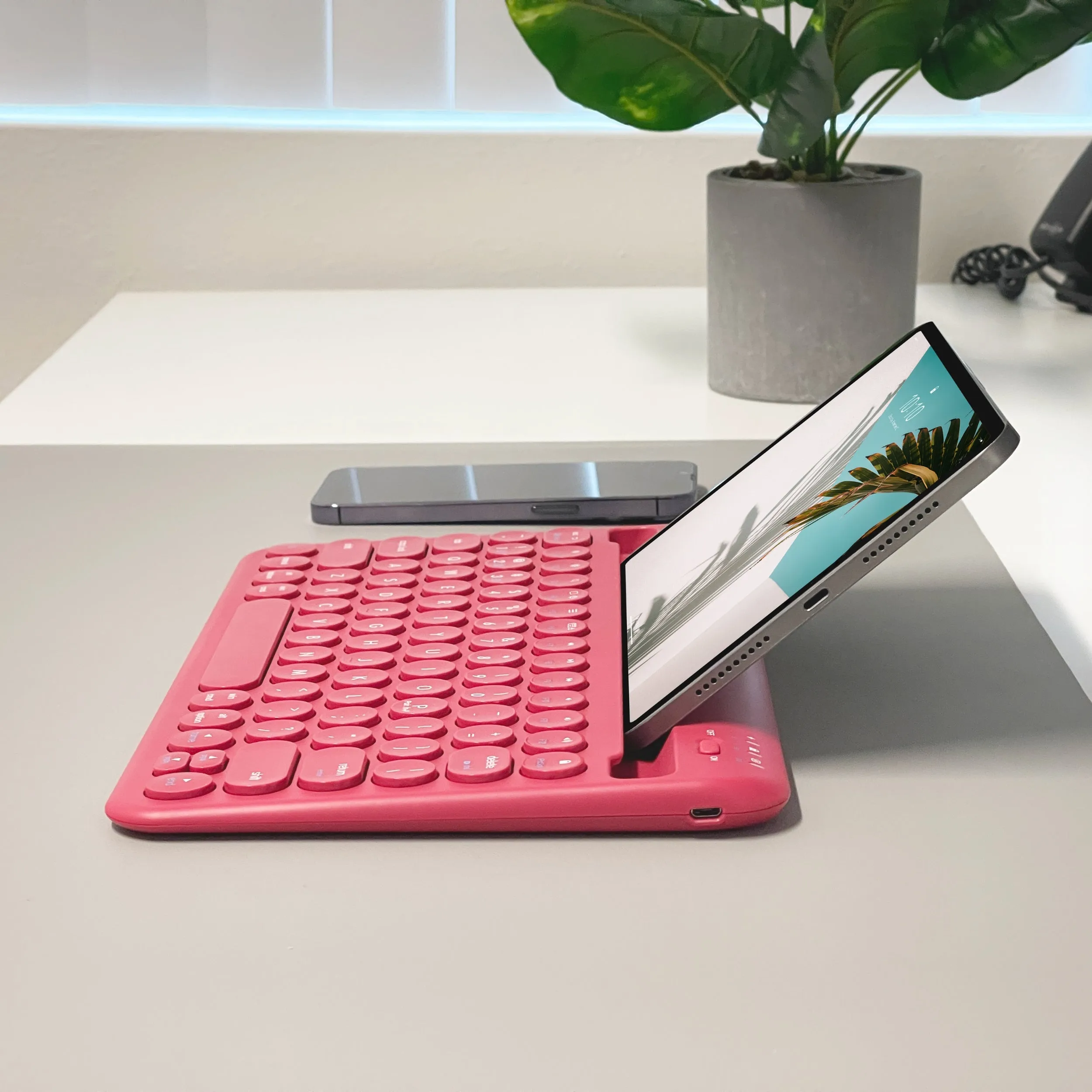 Compact Bluetooth Keyboard for Mac with iPhone or iPad Holder (Viva Magenta)