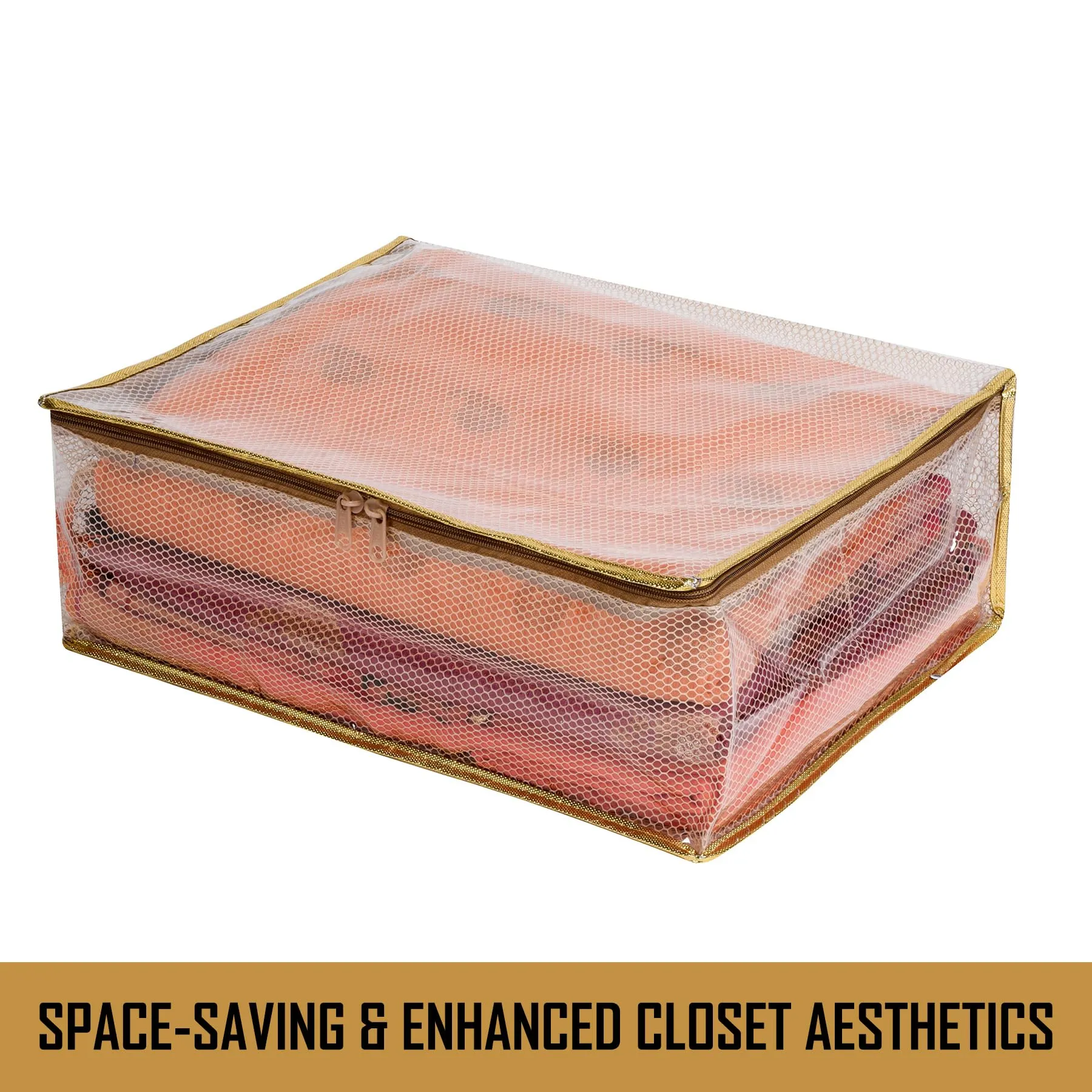 Kuber Industries Saree Cover | Golden Lace PVC Laminated Net Saree Cover | Wardrobe Saree Organizer | Garment Storage Bag | Clothes Storage Bag | Pack of 2 | Transparent