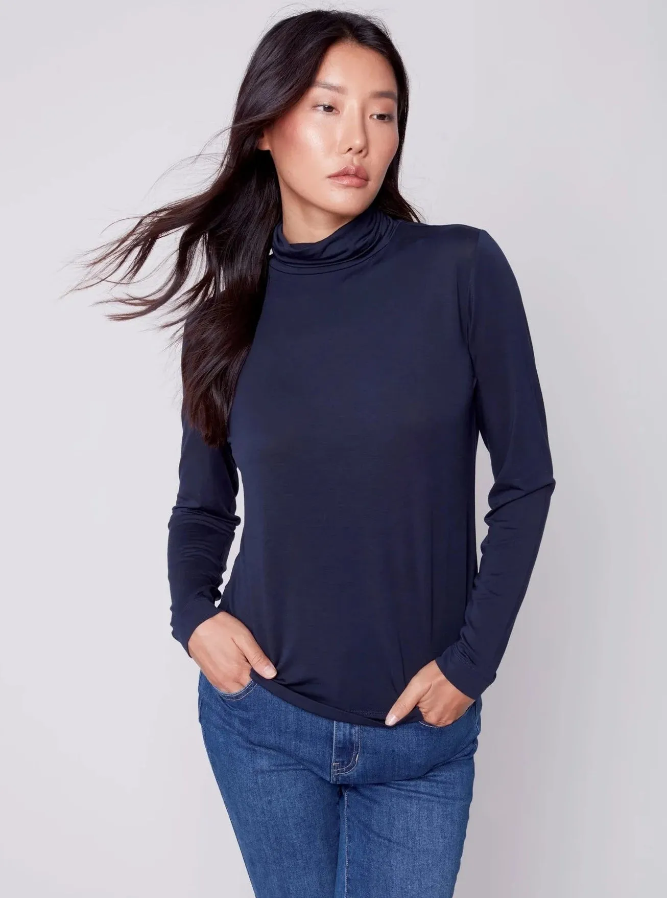 Mock Neck Long Sleeve Top [Navy-C1348]