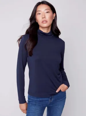 Mock Neck Long Sleeve Top [Navy-C1348]
