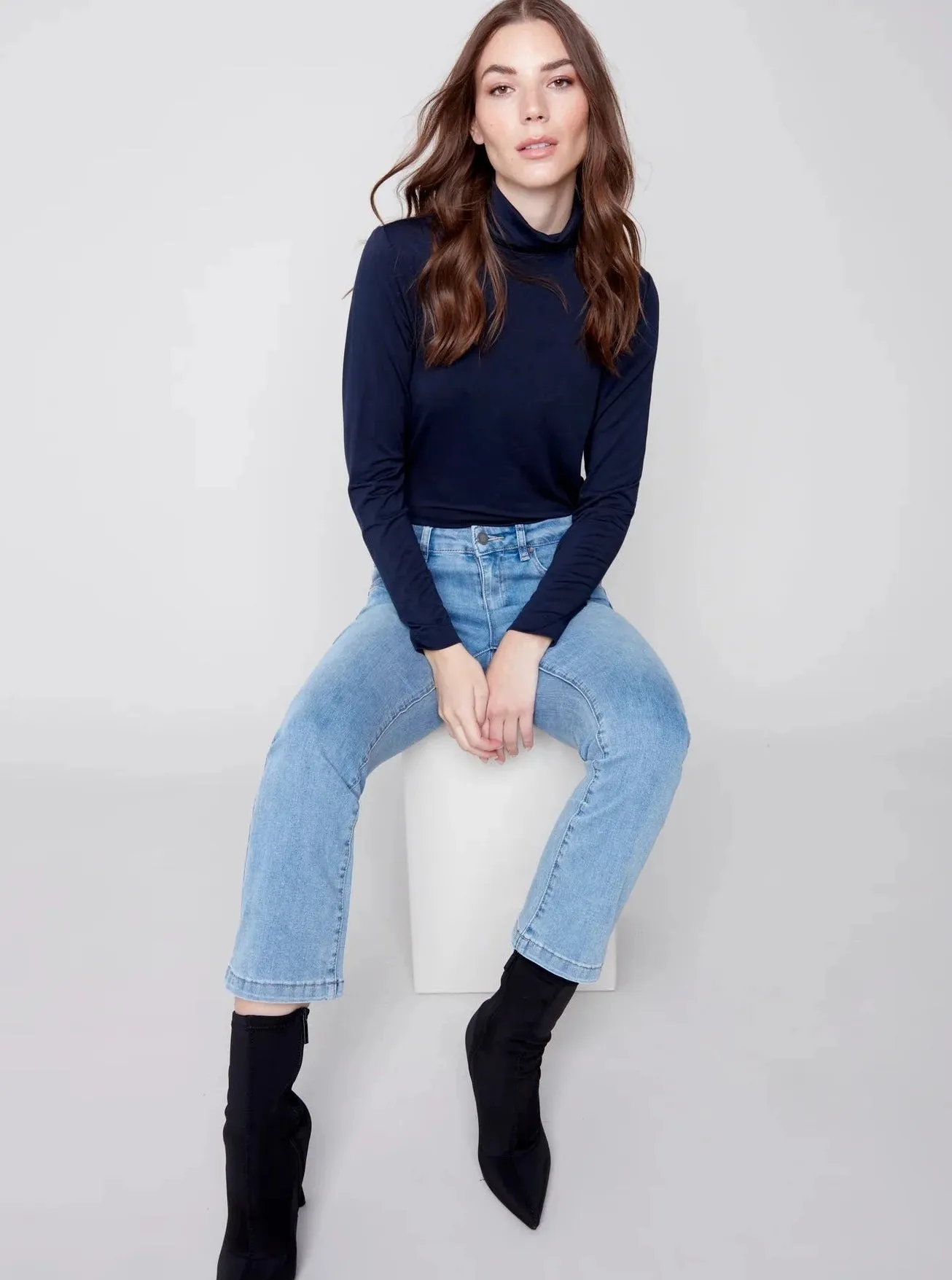 Mock Neck Long Sleeve Top [Navy-C1348]