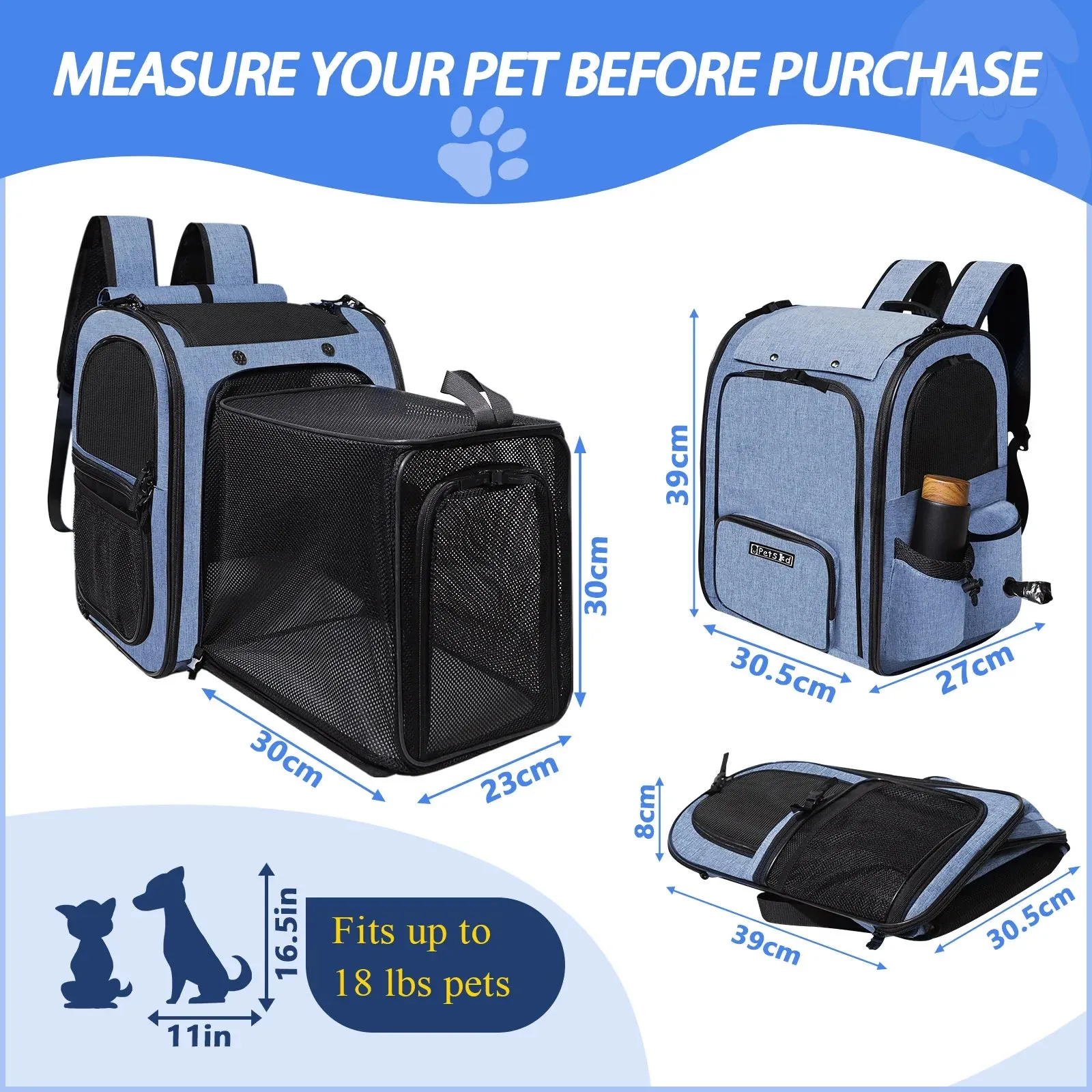 Pet Backpack | Expandable Foldable Cat Carrier | Transport Bag for Small and Medium Dogs and Cats | Large Space Carrier with Zipper | Alo Trendy