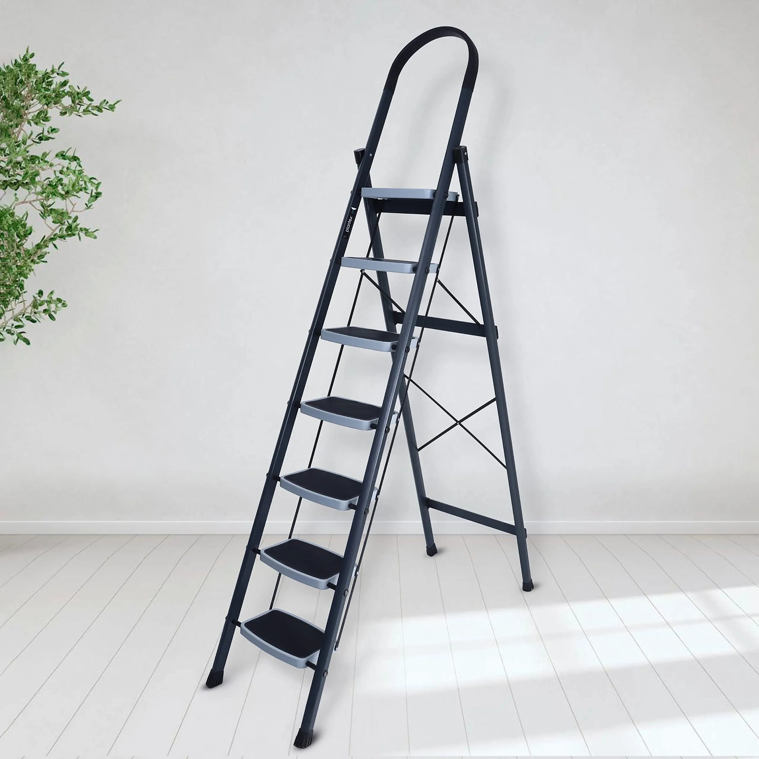 Plantex 7 Step Ladder-Foldable Steel -Wide Anti Skid Steps/5-Year Manufacturer Warranty(Grey & White)