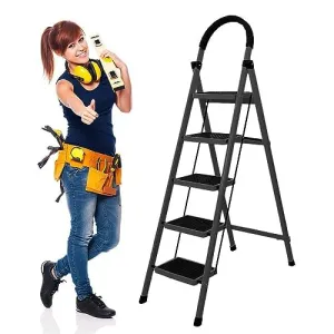 Plantex Cheston Premium GI Steel Foldable 4-Step Ladder for Home - Wide Anti Slip 4 Step Ladder (Green & Black)