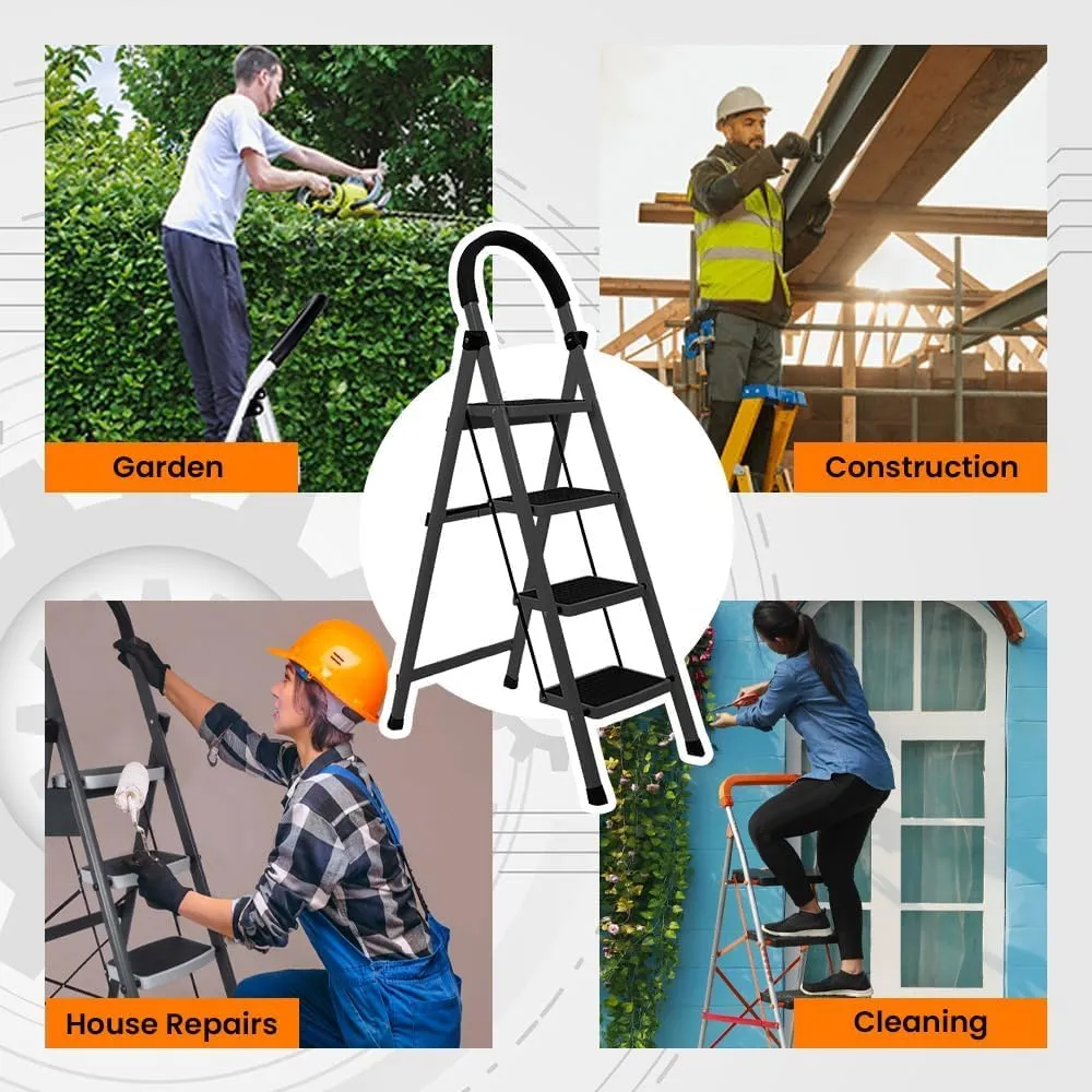 Plantex Cheston Premium GI Steel Foldable 4-Step Ladder for Home - Wide Anti Slip 4 Step Ladder (Green & Black)