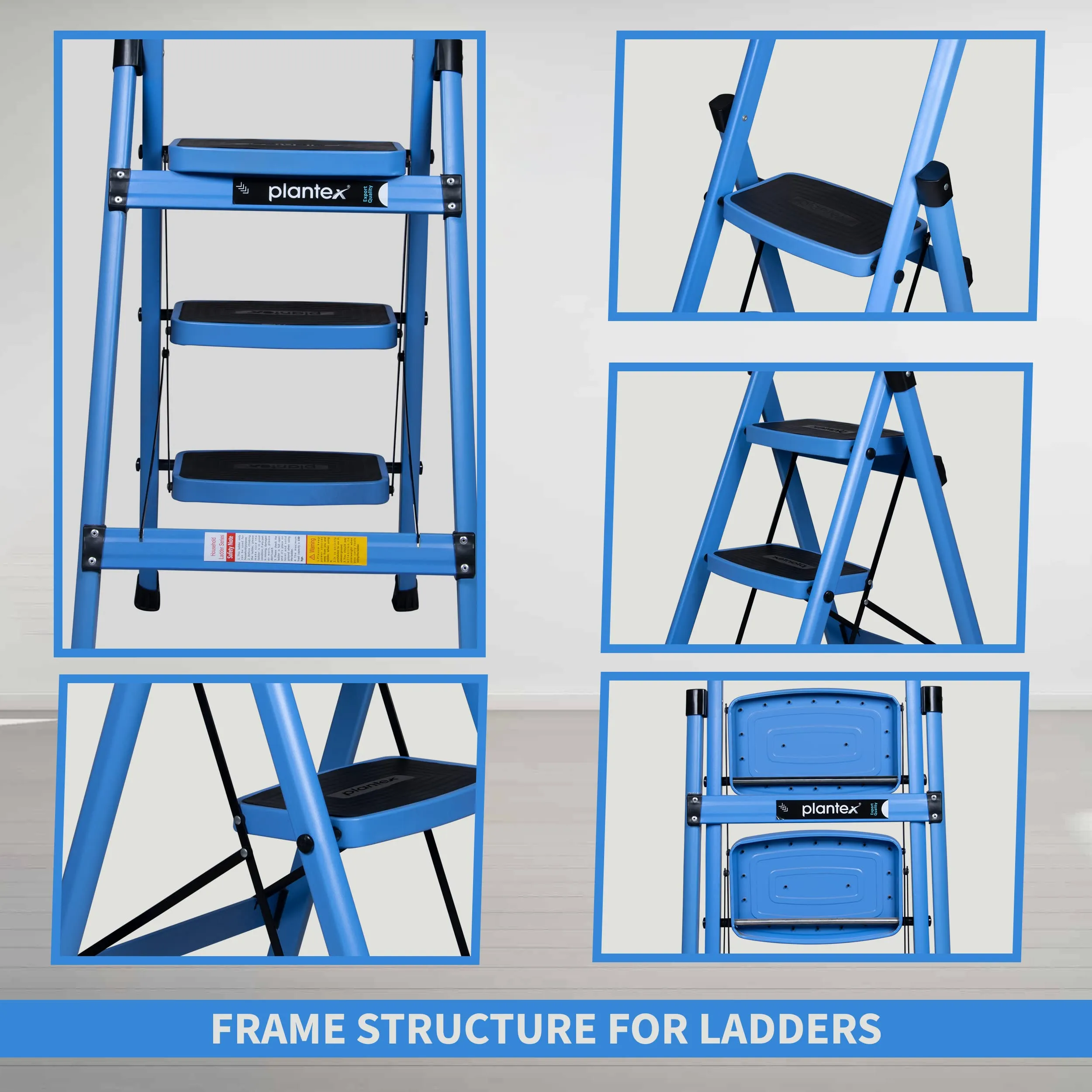 Plantex Premium 3 Steps Steel Ladder | Wide Anti-Skid Step Ladder | Easy to Fold | 5 Year Manufacturer Warranty(3-Step,Blue & Black)
