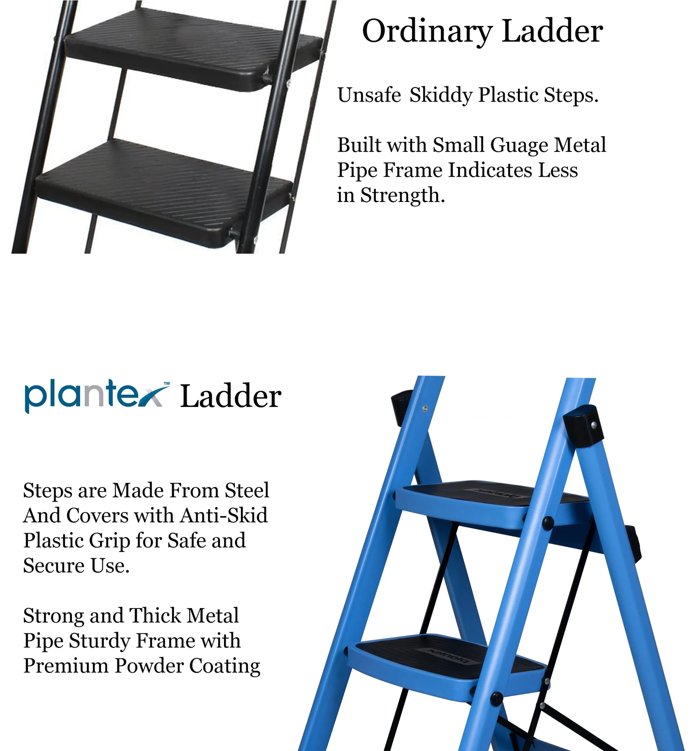 Plantex Premium 3 Steps Steel Ladder | Wide Anti-Skid Step Ladder | Easy to Fold | 5 Year Manufacturer Warranty(3-Step,Blue & Black)