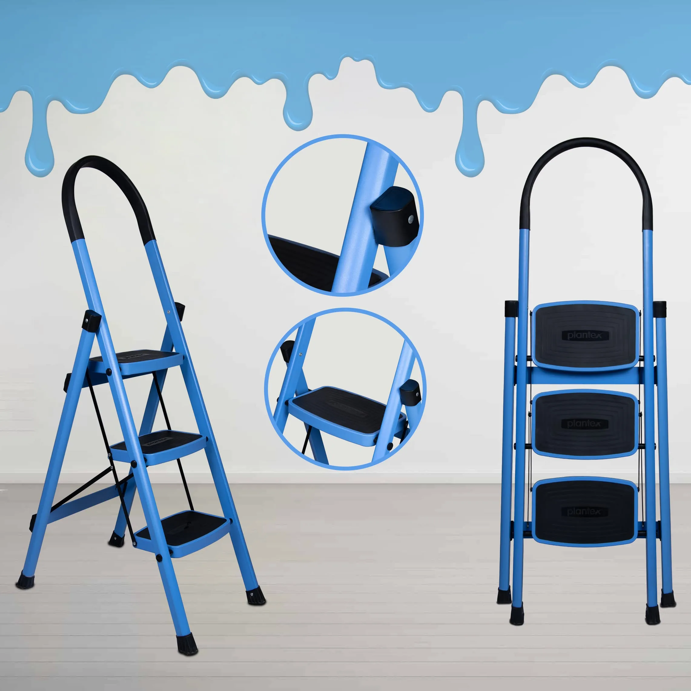 Plantex Premium 3 Steps Steel Ladder | Wide Anti-Skid Step Ladder | Easy to Fold | 5 Year Manufacturer Warranty(3-Step,Blue & Black)