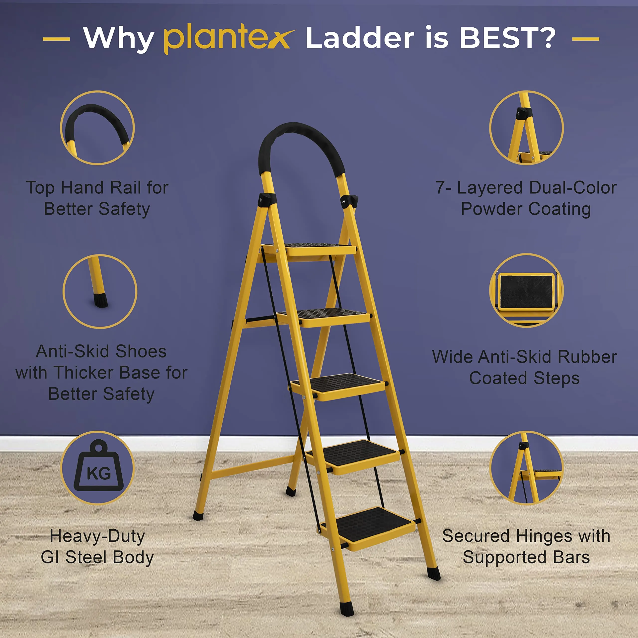 Plantex Premium GI 6-Step Ladder for Home/Foldable Steel Ladder - Wide Anti Skid Step Ladder -All Weather Resistant(Yellow)