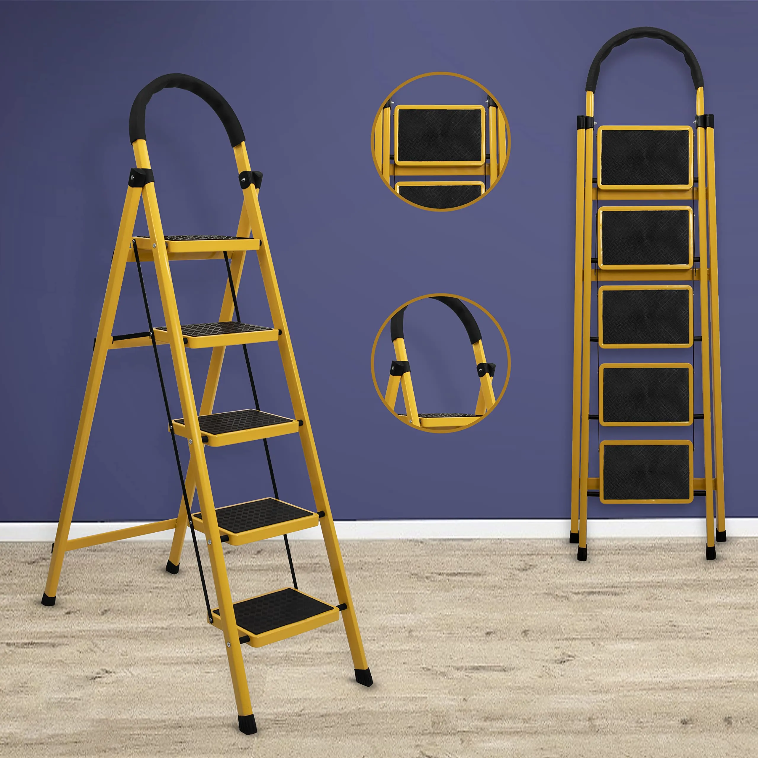 Plantex Premium GI 6-Step Ladder for Home/Foldable Steel Ladder - Wide Anti Skid Step Ladder -All Weather Resistant(Yellow)