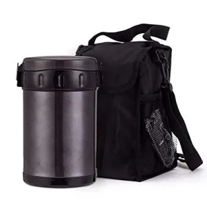 UBERSWEET® Food Flask Thermos Lunch Box Stainless Steel Three Layers Thermal Bento Box Extra Long Insulation for Student, Adult, School, Office, Travel Gift (Black,1.8L)