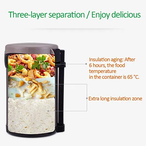 UBERSWEET® Food Flask Thermos Lunch Box Stainless Steel Three Layers Thermal Bento Box Extra Long Insulation for Student, Adult, School, Office, Travel Gift (Black,1.8L)