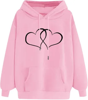 Women's Graphic Hoodies Heart Print Drawstring Long Sleeve Pocket Sweatshirt Oversized Fleece Pullover Tops