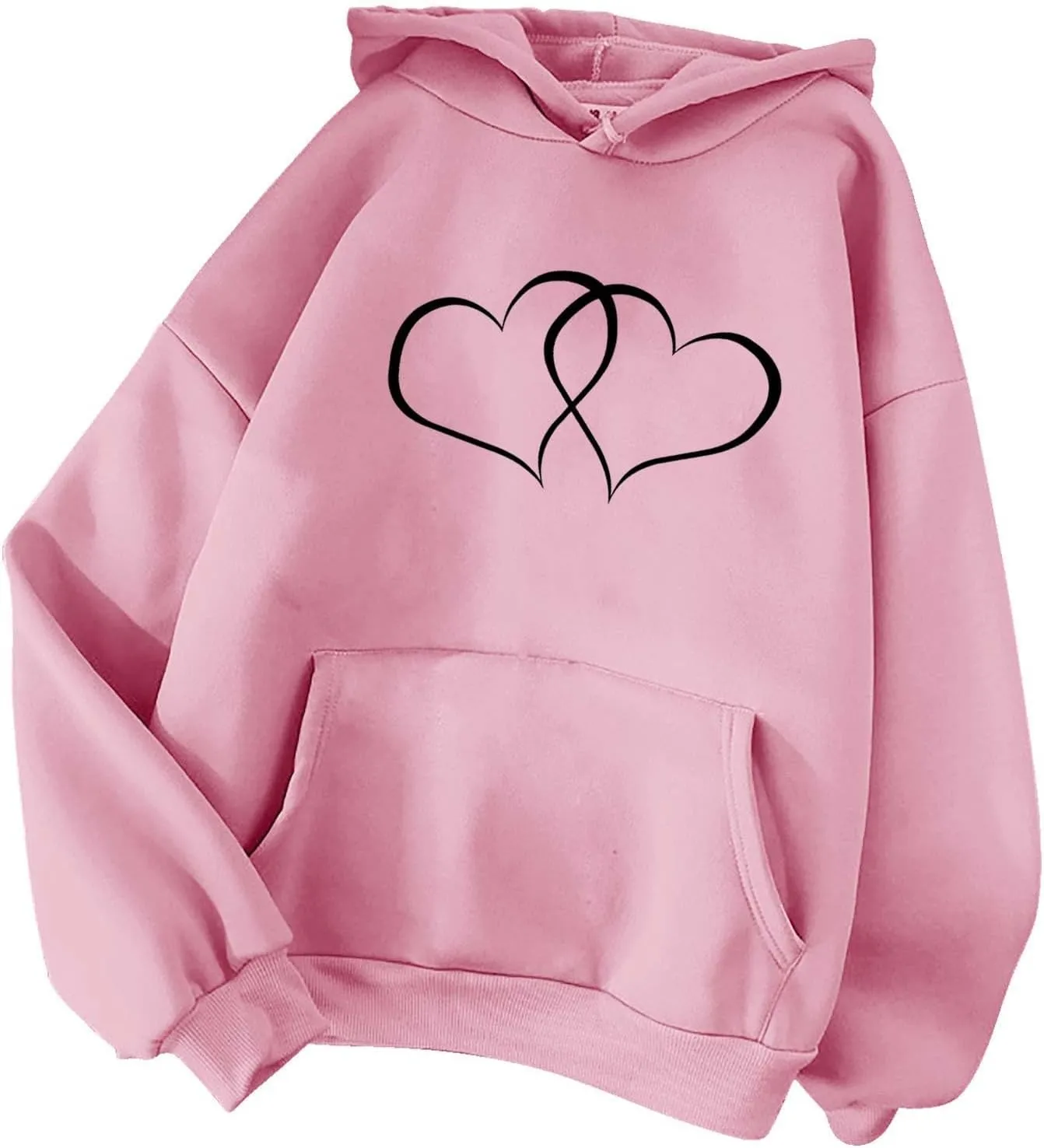 Women's Graphic Hoodies Heart Print Drawstring Long Sleeve Pocket Sweatshirt Oversized Fleece Pullover Tops
