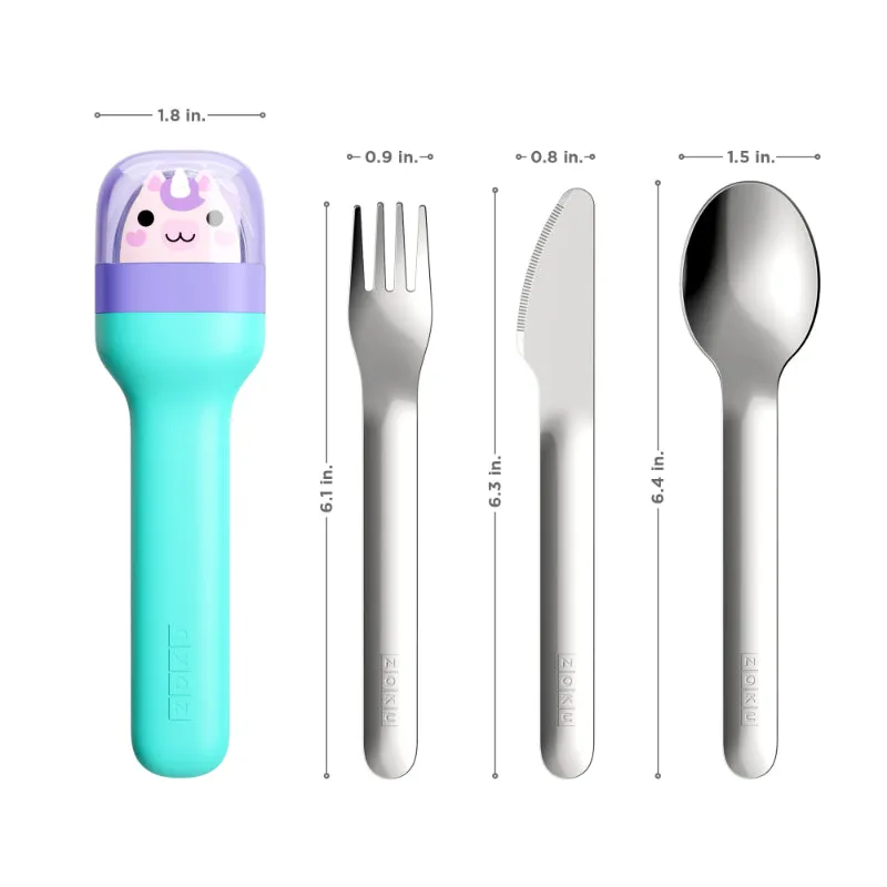 Zoku Unicorn Kids Pocket Stainless Steel Cutlery with Teal Travel Case | Set of 4 | 2 x 1 x 7 inches