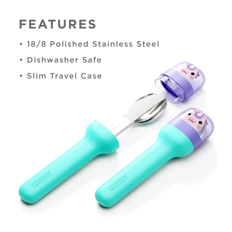 Zoku Unicorn Kids Pocket Stainless Steel Cutlery with Teal Travel Case | Set of 4 | 2 x 1 x 7 inches